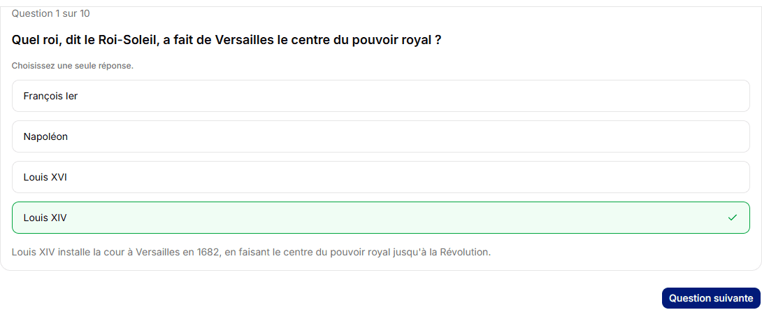 Écran du quiz classique avec une question corrigée et son explication